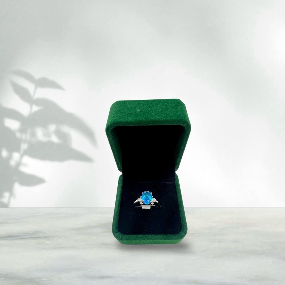 Blue Zircon Ring Size 7 Rhodium Plated Lab Created Gemstone Floral - Picture 2 of 4